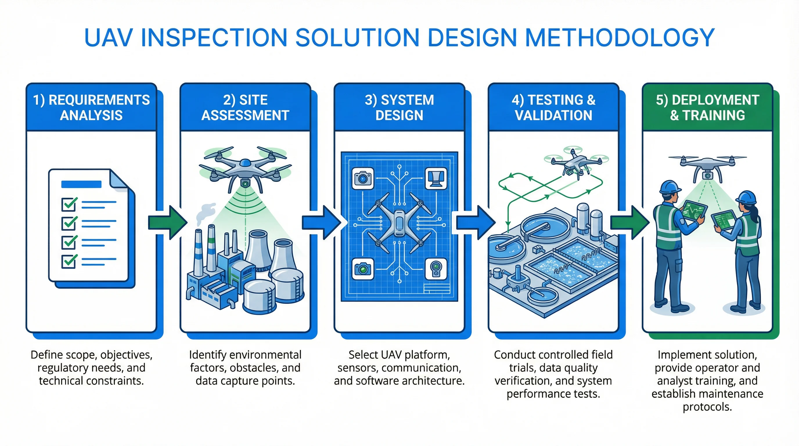 UAV Inspection Solution Design Methodology - Five-stage process from requirements analysis to deployment