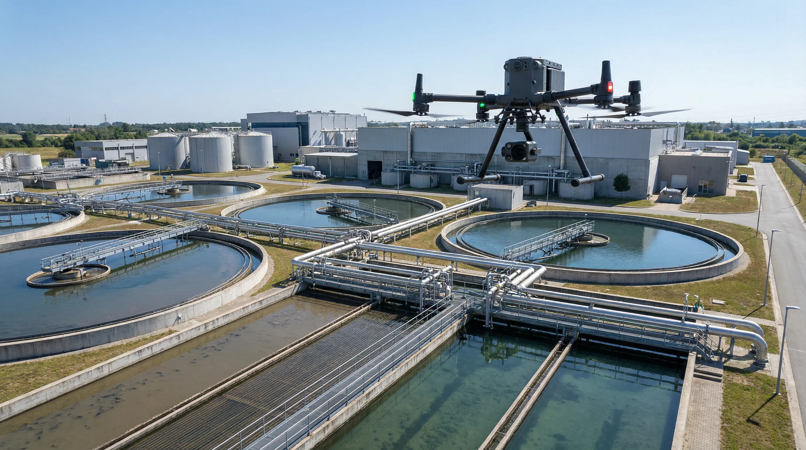 Industrial Wastewater Treatment Facility - UAV conducting aerial inspection over clarifier tanks and treatment basins