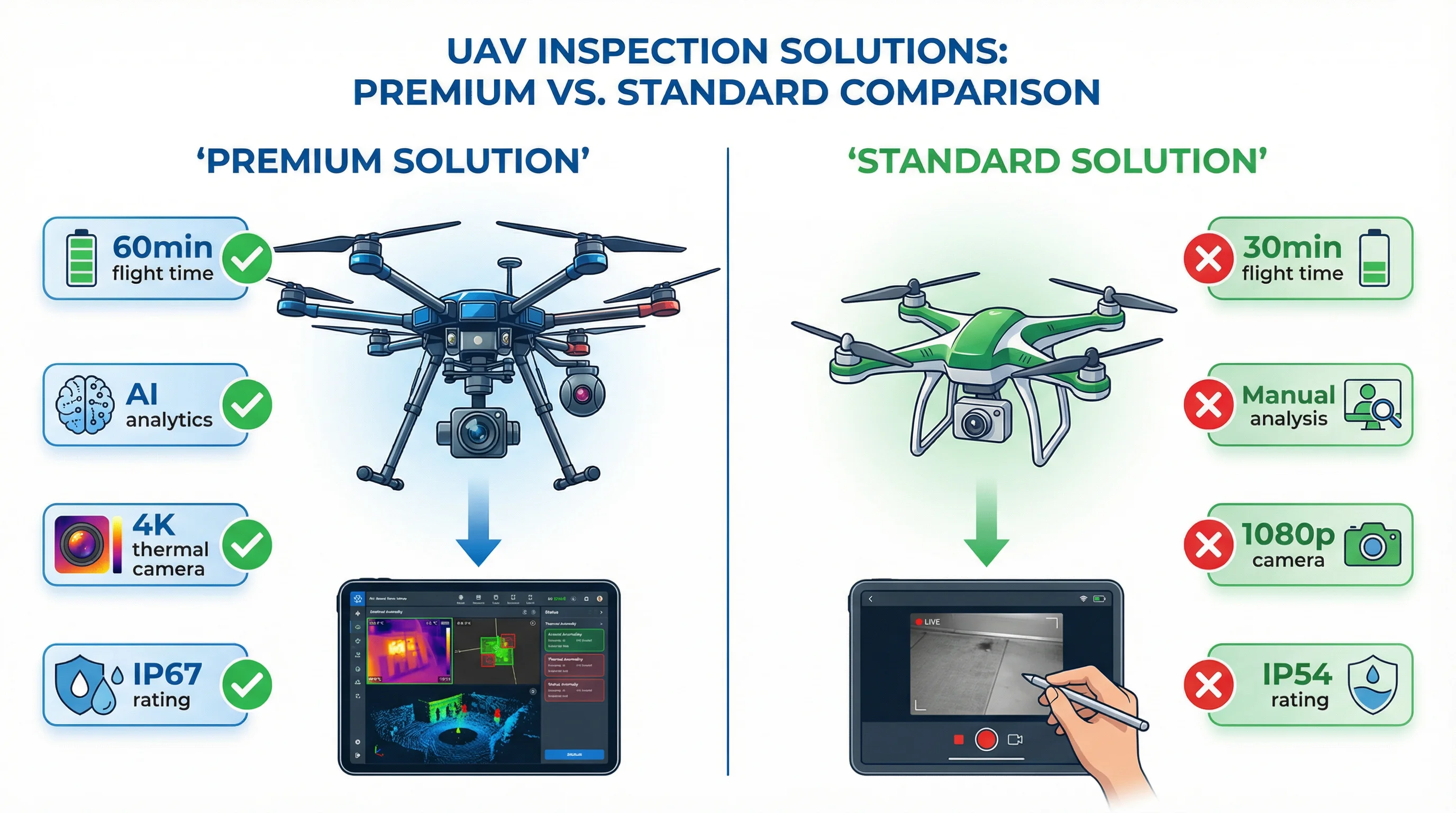 Premium vs. Standard Solution Comparison - Feature-by-feature analysis of flight time, analytics, camera, and protection rating
